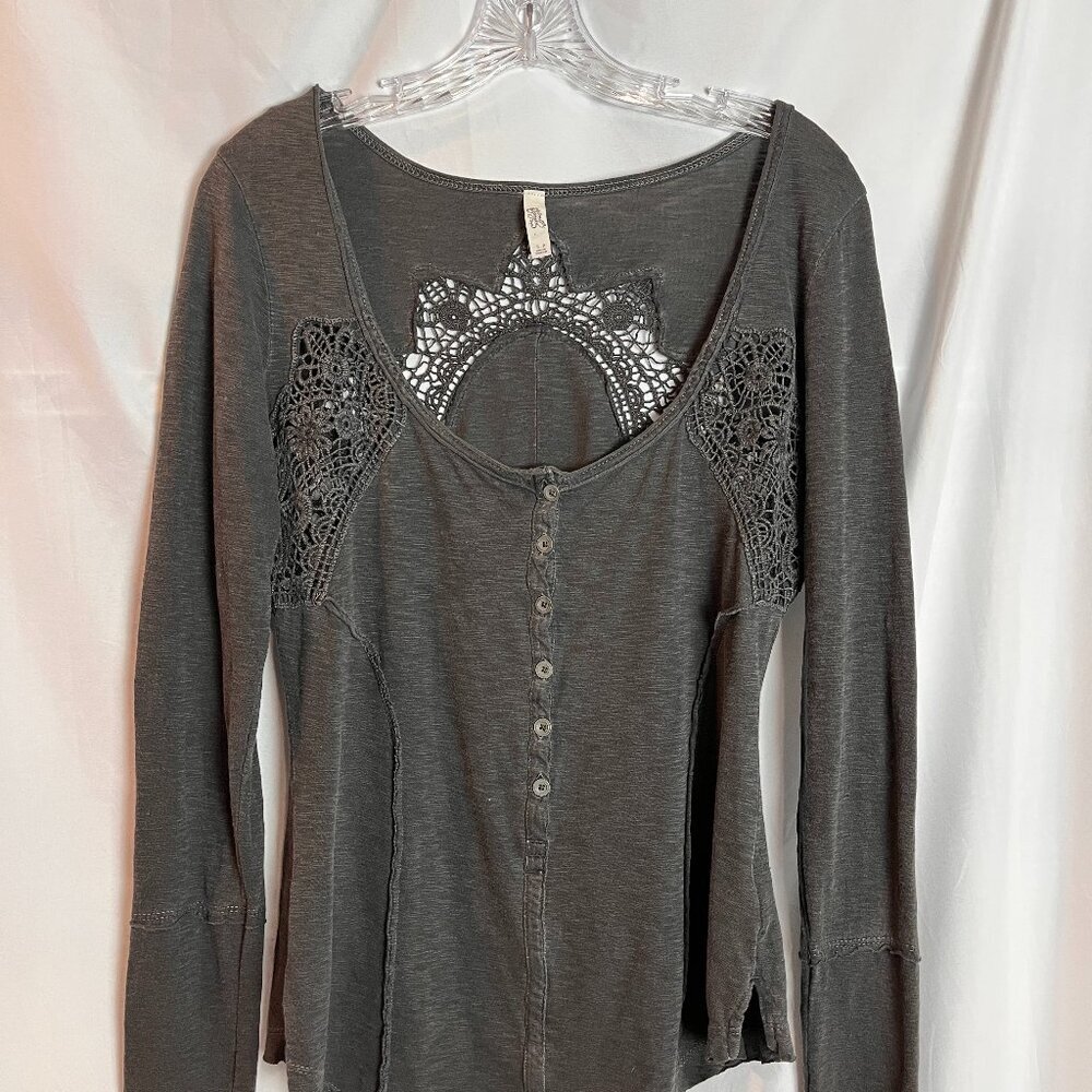Women's Grey Embellished Free People Long slv Top Size S